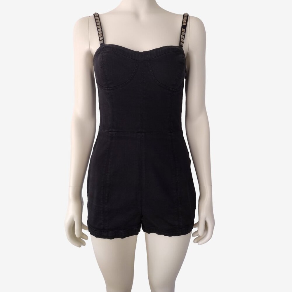 Vintage 1990s Forever 21 Black Sweetheart Neck Studded Cotton Romper